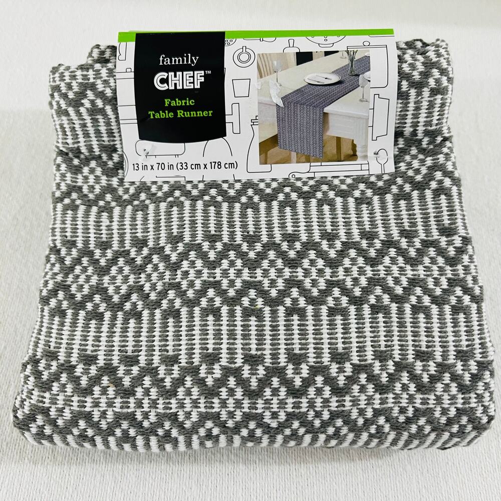 Family Chef Fabric Table Runner Gray/White Geometric Pattern (70"x13")